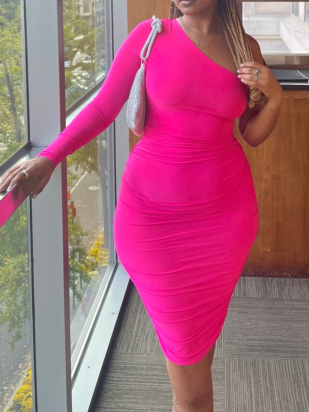 Fashion Nova Fuchsia One-Shoulder Ruched Midi Dress